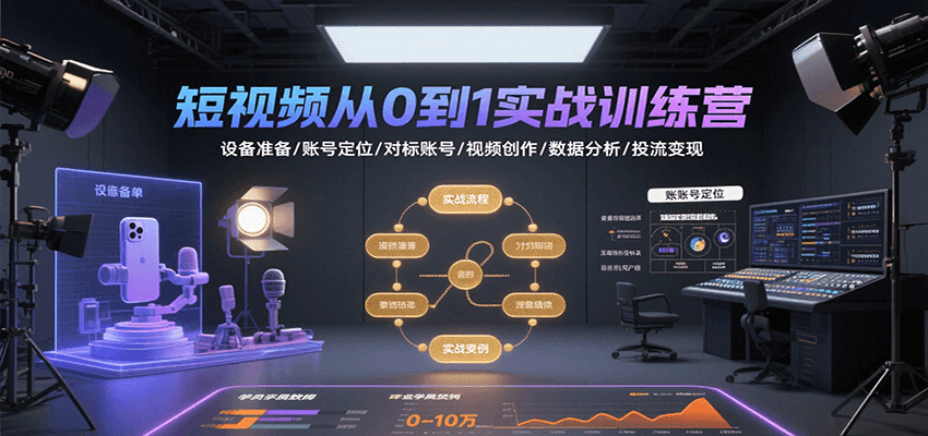 短视频从0到1实战训练营:设备准备/账号定位/对标账号/视频创作/数据分析/投流变现 7c0ab9182e3ad51.png
